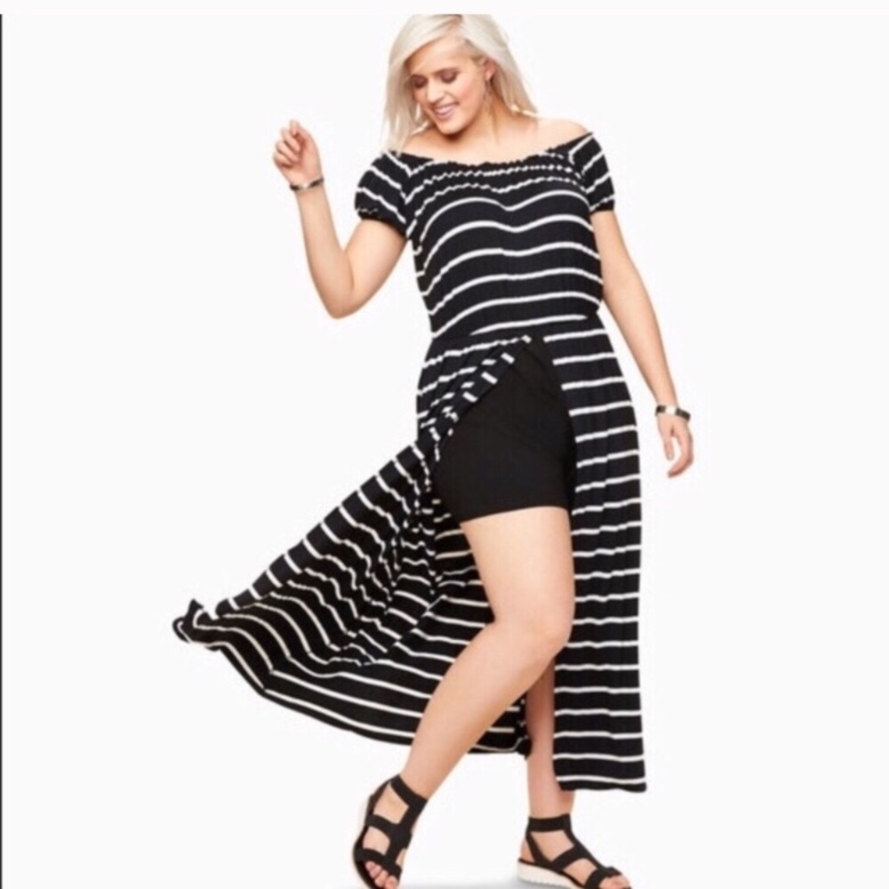 2X Blk/White Striped Off the Shoulder Romper Dress